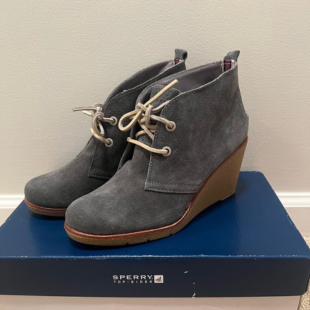 Sperry Grey Navy Suede Harlow Wedge Ankle Bootie